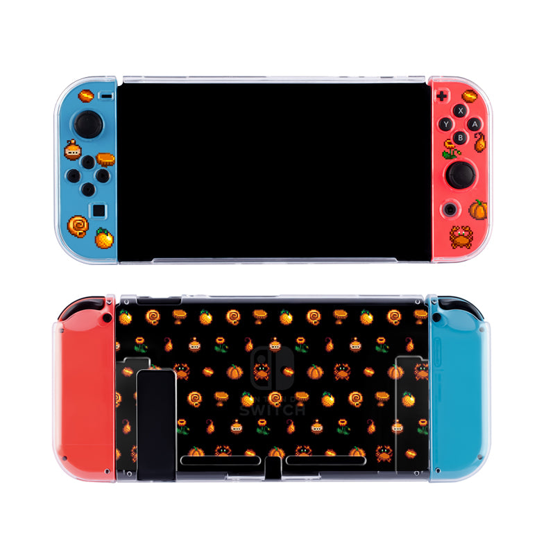 Introducing the Orange Stardew Items Case for Nintendo Switch by petimint, a must-have for the cozy gamer. This clear case is adorned with intricate game-themed designs that will make your gaming setup truly unique. The back cover showcases a vibrant array of colorful icons on a sleek black background, making it perfect for any gaming enthusiast!