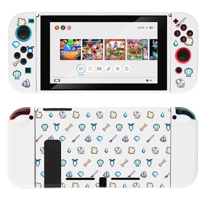 Experience the petimint White Stardew Items Case for Nintendo Switch, featuring Joy-Con controllers embellished with a delightful pattern of small graphics including shells, bones, diamonds, and swords. The screen showcases a variety of game icons perfect for any gamer, and the back of the case mirrors this charming design.