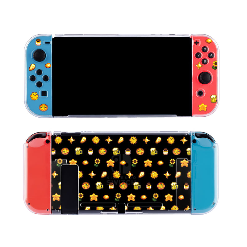 A Nintendo Switch case featuring detachable controllers; the left controller is blue with button designs, and the right controller is red with button designs. Both controllers and the screen flaunt a clear background adorned with a pattern of various yellow stars and sun symbols, making it perfect for any cozy gamer. This delightful accessory, brought to you by petimint, adds a unique touch to your gaming experience.