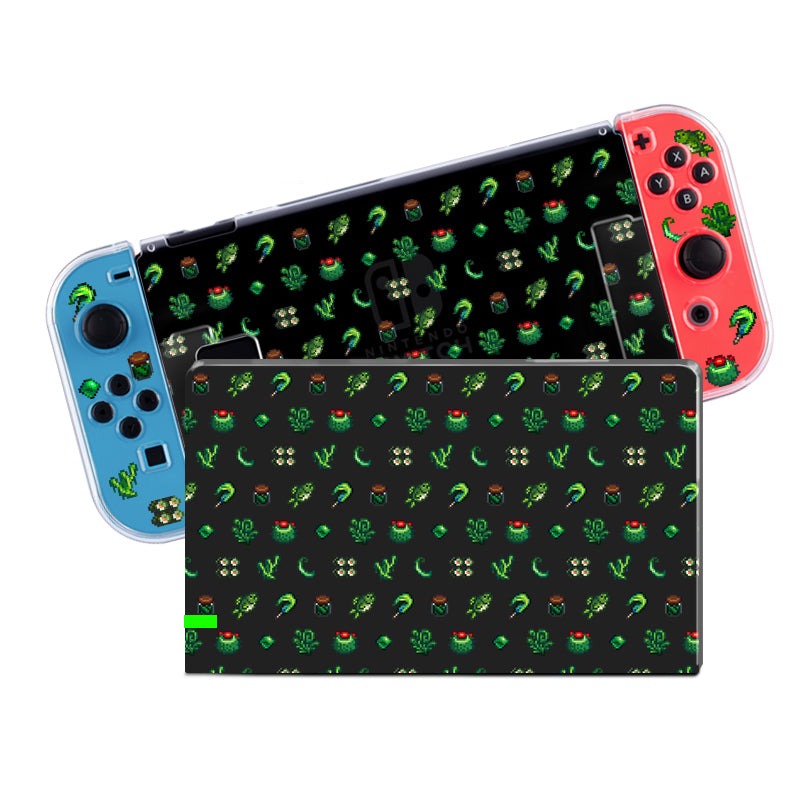 Displayed is a Green Stardew Items Case for Nintendo Switch by petimint. The left controller, ideal for any cozygamer, is blue adorned with themed decal stickers, and the right controller is red with similar themed stickers. The screen and back cover showcase a matching pattern of small, green plant illustrations on a clear background.