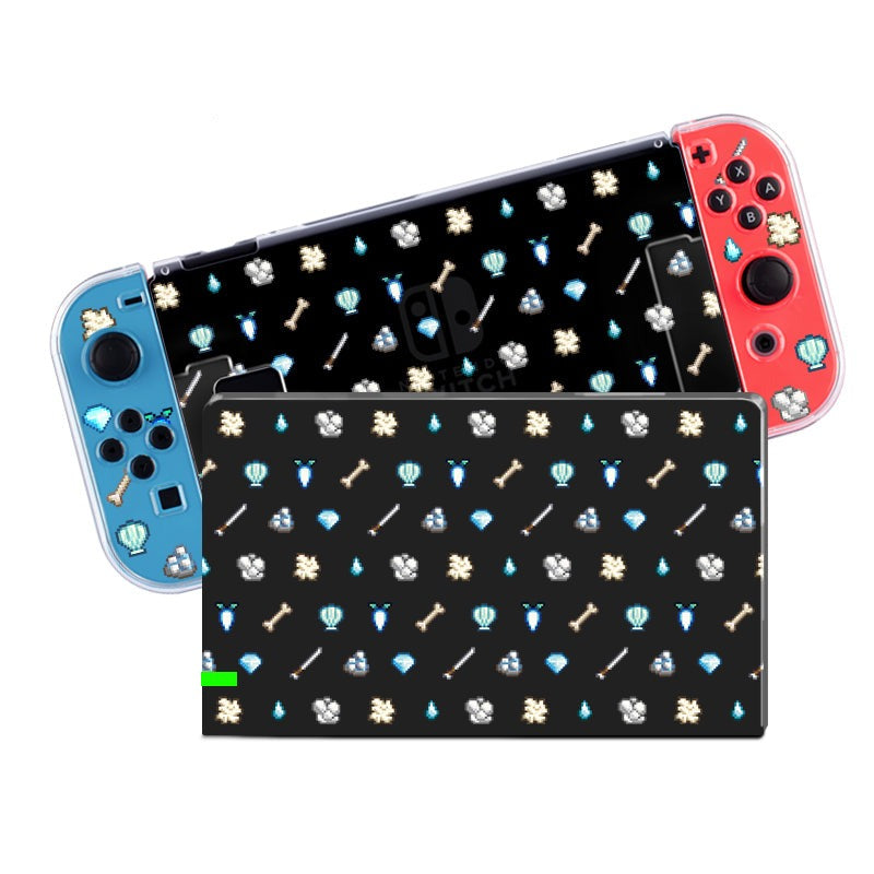A Nintendo Switch encased in a clear White Stardew Items Case by petimint, featuring a pattern of various icons—diamonds, swords, firearms, bones, bombs, and parachutes—set against a black background. Perfect for any gamer who appreciates stylish gaming accessories.
