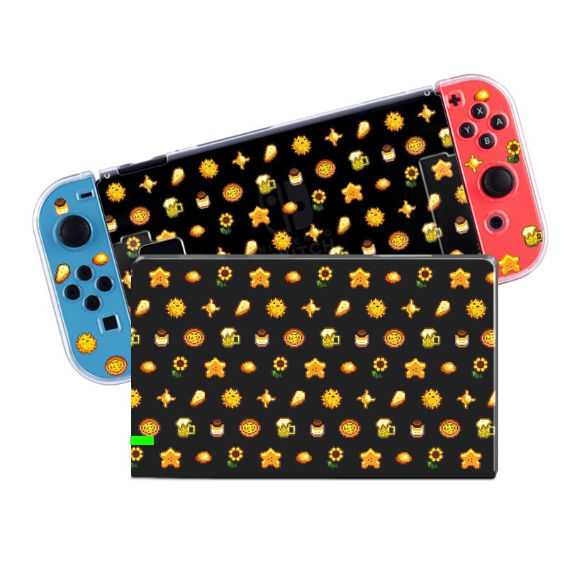 The Yellow Stardew Items Case for Nintendo Switch by petimint features a vibrant design of various pixel art food items and stars on a clear background, perfect for the cozygamer. The screen and docking station both display the same colorful pixelated pattern.