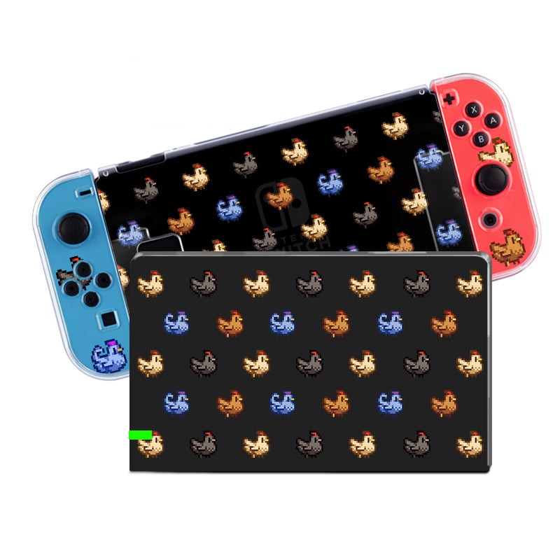 A Nintendo Switch with blue and red Joy-Con controllers displays a screen featuring a pattern of pixel art chickens in various colors. The console dock, fitted with the stylish and soft TPU Chicken Stardew Valley Case from petimint in clear color, also sports a similar chicken pattern.