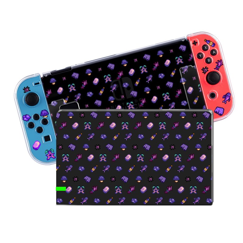 A vibrant gaming console featuring a handheld device with detachable blue and red controllers, adorned with assorted pixel art graphics. The screen displays similar pixel art. A separate screen with the same pixel art lies in front of the handheld device, all housed in a stylish clear Purple Stardew Items Case by petimint for any cozygamer on their Nintendo Switch.