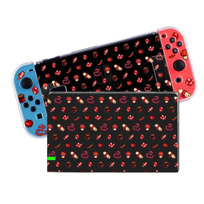 The Red Stardew Items Case for Nintendo Switch by petimint features blue and red controllers, adorned with a pixelated pattern of gaming icons such as hearts, drinks, ropes, and bombs against a black backdrop. This same design extends to the console's stand, making it an ideal choice for any gamer.