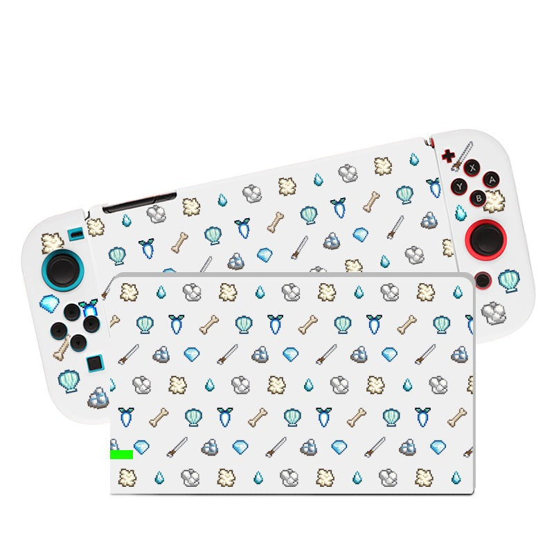 The petimint White Stardew Items Case for Nintendo Switch is decorated with small icons such as blue and white crystals, swords, goggles, game controllers, and other gaming-related items on a white background. The Nintendo Switch controls also feature blue and red accents for an extra touch of style.