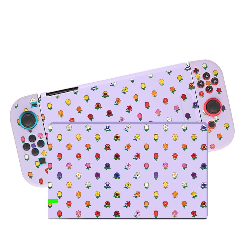Introducing the Flower Crossing Case for Nintendo Switch by petimint, a lilac-colored handheld gaming console cover adorned with a charming pattern of various small, colorful characters. Perfect for any gamer, this cover features spaces for the directional pad, analog sticks, and buttons while showcasing playful designs that match your unique gaming apparel.