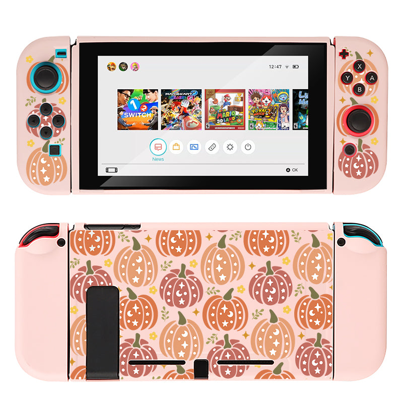 The Pumpkins Case for Nintendo Switch by petimint is a delightful addition for any cozy gamer. Featuring a pink color palette, the front side of this case displays a selection of game icons on your screen, framed by joy-cons decorated with colorful pumpkin-patterned buttons. The back of the case showcases an enchanting full pumpkin design.