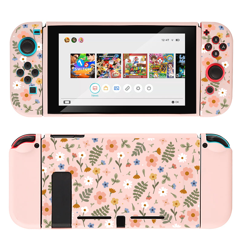 The petimint Spring Case for Nintendo Switch adds a touch of stylish apparel to your gaming setup with its pink floral-patterned cover. The screen displays various game icons, complemented by the detachable controllers on each side. The back of the case also flaunts the same vibrant pink floral design, making it perfect for any gamer.