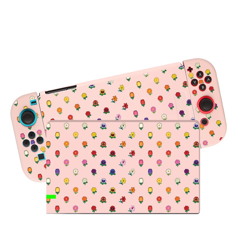 The Flower Crossing Case for Nintendo Switch by petimint is a pastel pink gaming console case adorned with small, colorful mushrooms and floral designs. Perfect for the cozy gamer, it features two detachable controllers: the right controller includes standard gaming buttons, while the left controller has a joystick and directional buttons.
