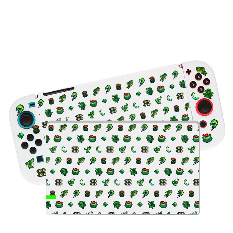A cozygamer's dream, the Green Stardew Items Case for Nintendo Switch by petimint is adorned with a charming pattern of pixelated green plants, flowers, and mushrooms on a white background. The Nitnendo Switch itself features vibrant blue and red control buttons and joysticks.