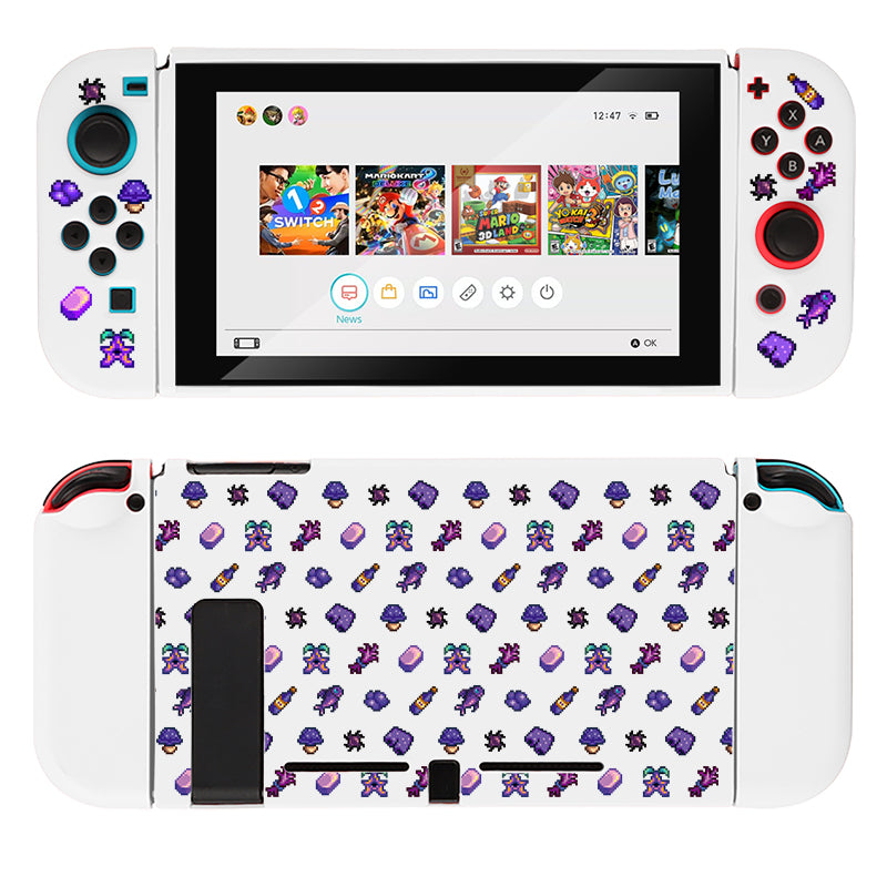 A white Nintendo Switch adorned with a Purple Stardew Items Case by petimint, featuring detachable controllers with colorful buttons. The screen displays a menu with various game icons. Both the front and back are decorated with small, vibrant stickers of purple characters and objects, making it perfect for any cozy gamer looking to personalize their console.