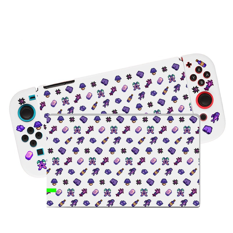Introducing the Purple Stardew Items Case for Nintendo Switch by petimint - a sleek, handheld gaming device with a white front cover adorned with a vibrant pattern of small, colorful icons featuring robots, spaceships, and various gaming items. Perfect for the cozy gamer. The device is complemented with black control buttons accented in red and blue on the left and right sides.