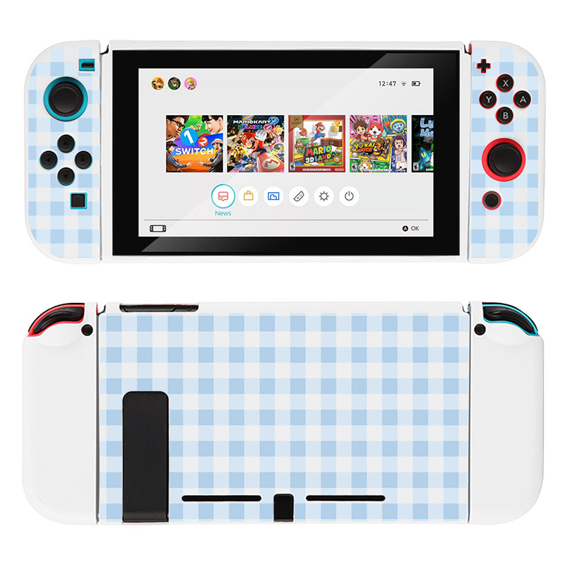A Nintendo Switch console adorned with the stylish blue checkered pattern Picnic Case from petimint, complete with Joy-Con controllers. The front display shows the home screen with game icons, perfect for any gamer. The back of the console also features this chic checkered design, making it an ideal gaming companion.