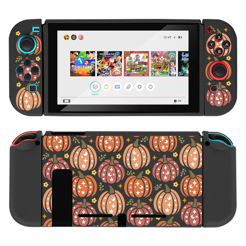 The petimint Pumpkins Case for Nintendo Switch offers a delightful Halloween-themed design with orange pumpkins and stars, all against a sleek black background. The screen showcases popular game icons, making it an ideal accessory for every cozygamer.
