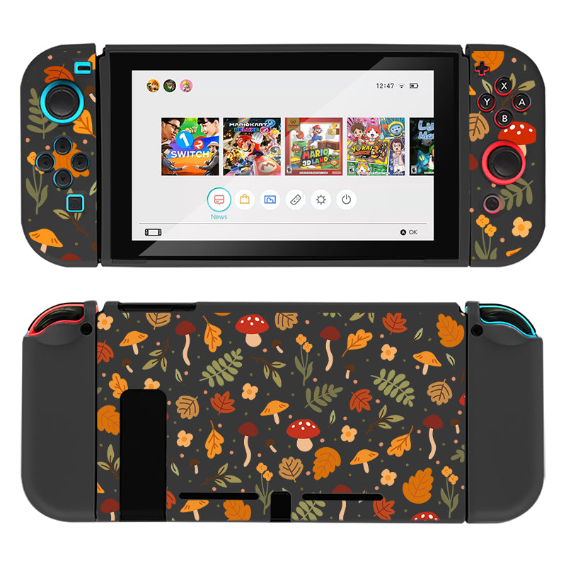 Introducing the Cozy Autumn Case for Nintendo Switch by petimint, a woodland-themed skin adorned with fall leaves, mushrooms, and acorns. This black case covers both Joy-Con controllers and the back of the console, displaying the home screen with several game icons. Pair it perfectly with a Soft TPU Switch Grip Case for extra comfort.
