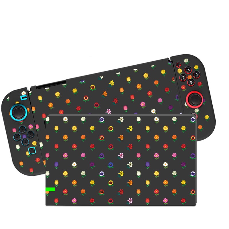 The Flower Crossing Case for Nintendo Switch by petimint, in a sleek black casing, showcases a vibrant floral pattern on its front. Made from soft TPU material, this case offers protection while accommodating the console's detachable controllers on the sides, complete with various buttons and thumbsticks. The colorful floral design brings a playful touch to your gaming setup.