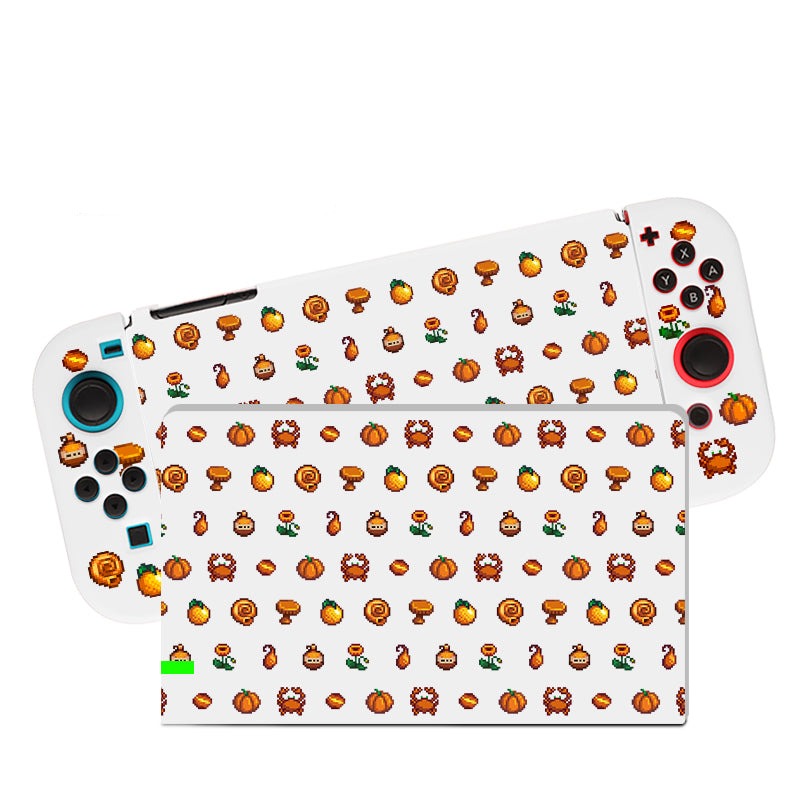 A cozy gamer's delight, the Orange Stardew Items Case for Nintendo Switch by petimint features detachable controllers and is adorned with a colorful, pixel art-style pattern highlighting pumpkins, mushrooms, and various autumn elements on a white background.