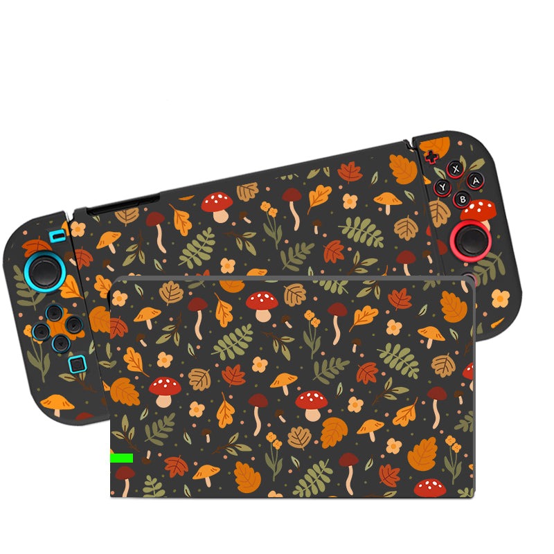 The Cozy Autumn Case for Nintendo Switch by petimint is a handheld gaming console accessory that boasts detachable controllers and an autumn-themed design featuring red mushrooms, orange and yellow leaves, and brown branches on a dark black background. This Soft TPU Switch Grip Case ensures a comfortable hold while maintaining full visibility of the console buttons and joysticks.