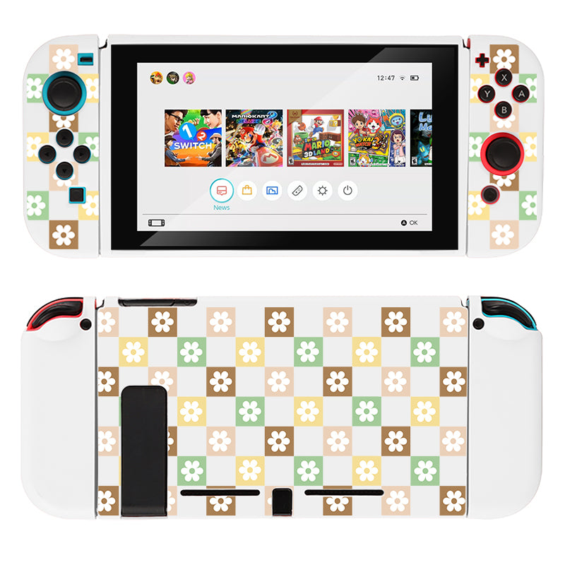 Introducing the Checkered Seasonal Flowers Case for Nintendo Switch by petimint, featuring a pattern of floral and checkered designs in various shades of green, brown, and yellow. Perfect for the stylish gamer, this white case enhances your console with a chic design that wraps around to the back. Game icons are beautifully displayed on the home menu screen against this fashionable backdrop.