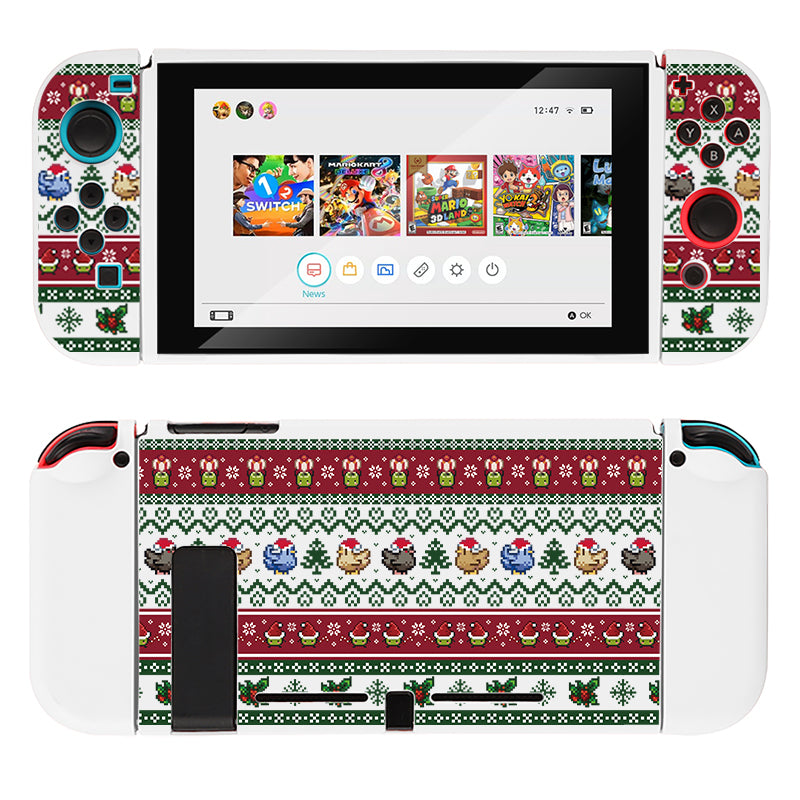 A Nintendo Switch console is adorned with the festive Stardew Christmas Case by petimint, perfect for the #cozygamer. The case boasts patterns of Christmas trees, snowflakes, and reindeer in green, red, and white colors on a white background. The screen displays several game icons, including Mario Kart and Animal Crossing.
