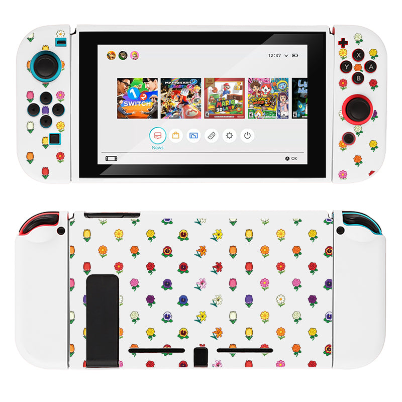 A Handheld Nintendo Switch Console dressed up with the colorful Flower Crossing Case by petimint in white, featuring multiple small, variously shaped icons of fruits, vegetables, and plants. Encased in a soft TPU material, the back is adorned with the same charming patterned icons while the front screen displays the game selection menu.