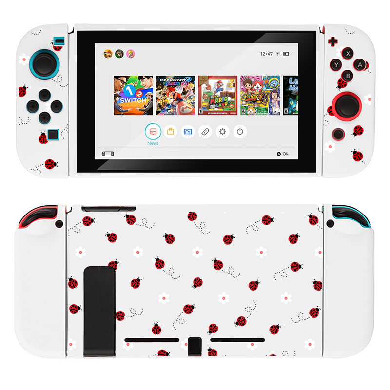 Introducing the Little Ladybug Case for Nintendo Switch by petimint, featuring custom white controllers adorned with a charming pattern of red ladybugs and tiny white flowers. The device screen displays game icons and the current time. This set includes a docking station and an optional switch grip case for enhanced comfort during gameplay.