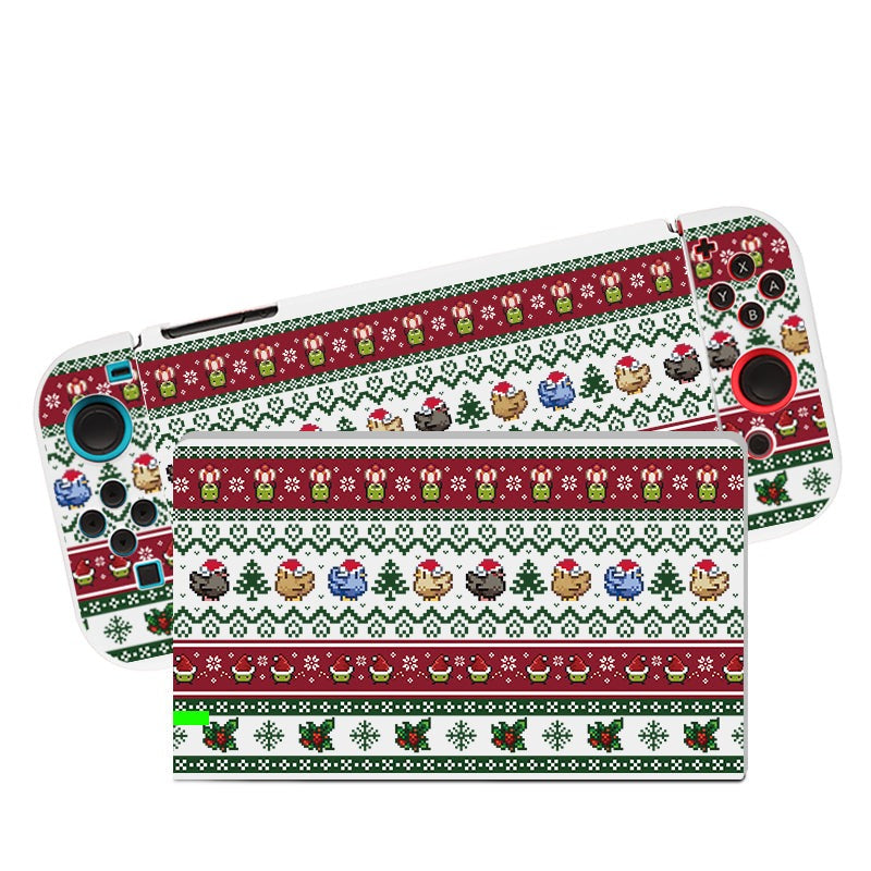 The Stardew Christmas Case for Nintendo Switch by petimint is a gaming console cover adorned with a festive, pixelated holiday-themed design featuring rows of Christmas trees, snowflakes, and various animals such as bears, penguins, and reindeer. Perfect for the cozygamer, this white case includes a mix of red and green colors to bring a cheerful holiday spirit to your gaming experience.
