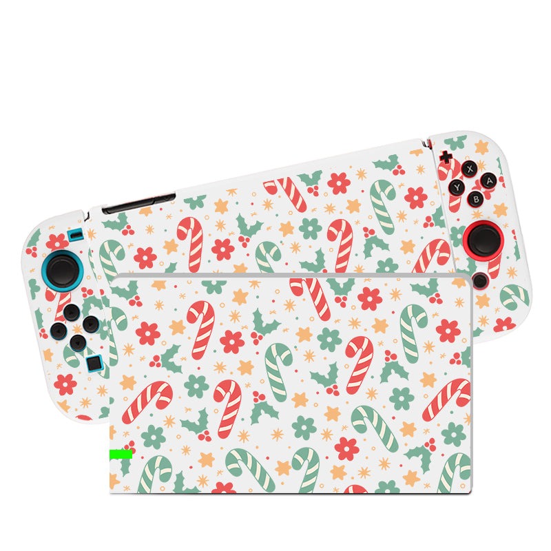 The petimint Candy Cane Case for Nintendo Switch features a festive design with candy canes, flowers, and stars in red, green, and orange on a white background. Perfect for the cozygamer, this case enhances your console while showcasing its buttons, joysticks, and directional pads.