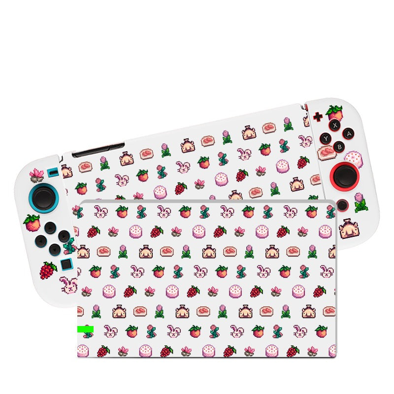 The Pink Stardew Items Case for Nintendo Switch by petimint, resembling a handheld gaming console with detachable controllers, is adorned in a colorful, patterned skin featuring small images of strawberries, cakes, bunnies, and plants. Predominantly white with vibrant and cute icons scattered across it, this case is perfect for the cozygamer lifestyle.