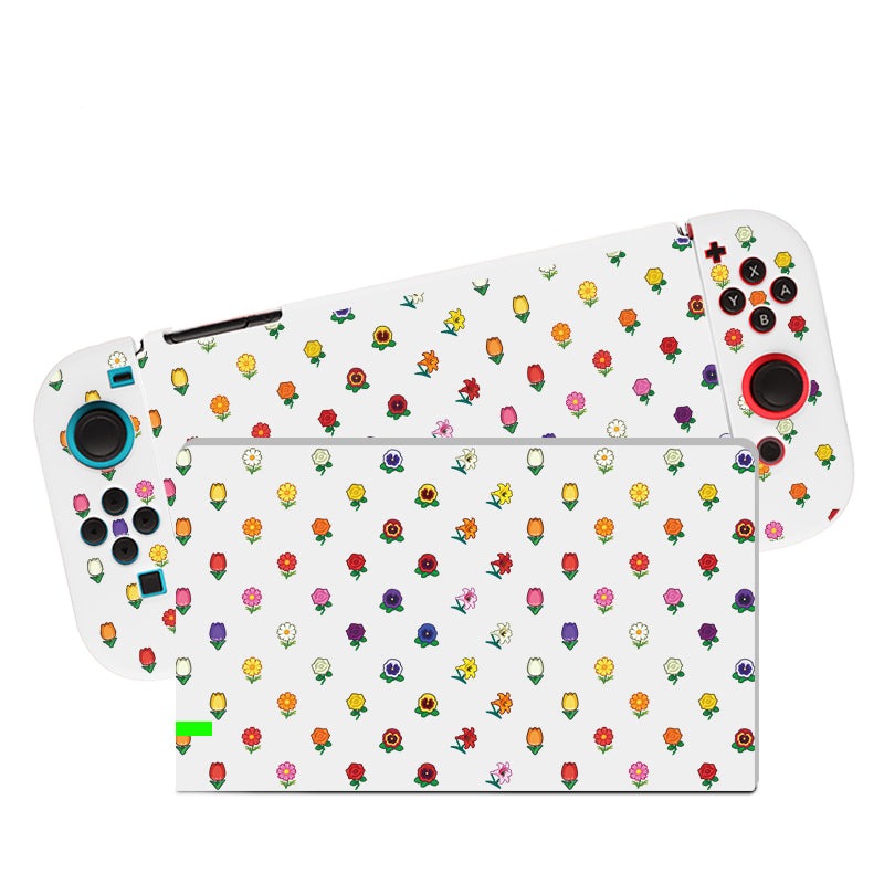 The Flower Crossing Case for Nintendo Switch by petimint is a handheld gaming console with a detachable controller, featuring a white surface adorned with colorful flower illustrations. Nestled in a Soft TPU switch grip case, it includes a directional pad, joystick, and multiple buttons for an enhanced gaming experience.