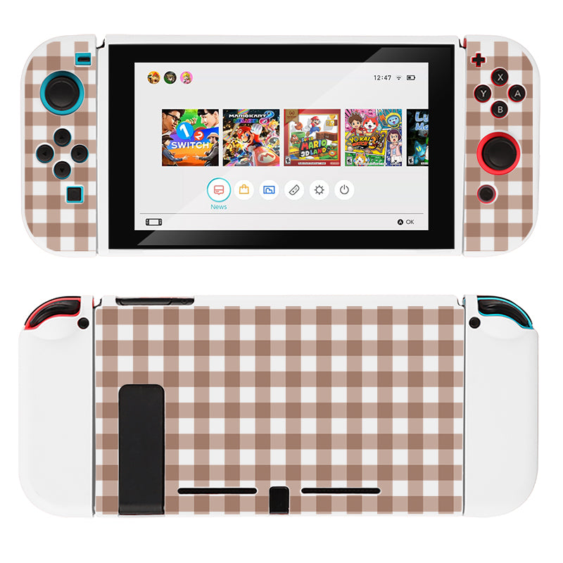 A Nintendo Switch Console is shown from the front and back, with the front displaying the game selection screen and the back featuring a checkered pattern in beige and white. The console has red and blue buttons and joysticks. For added protection, it pairs perfectly with the Picnic Case for Nintendo Switch from petimint in brown.