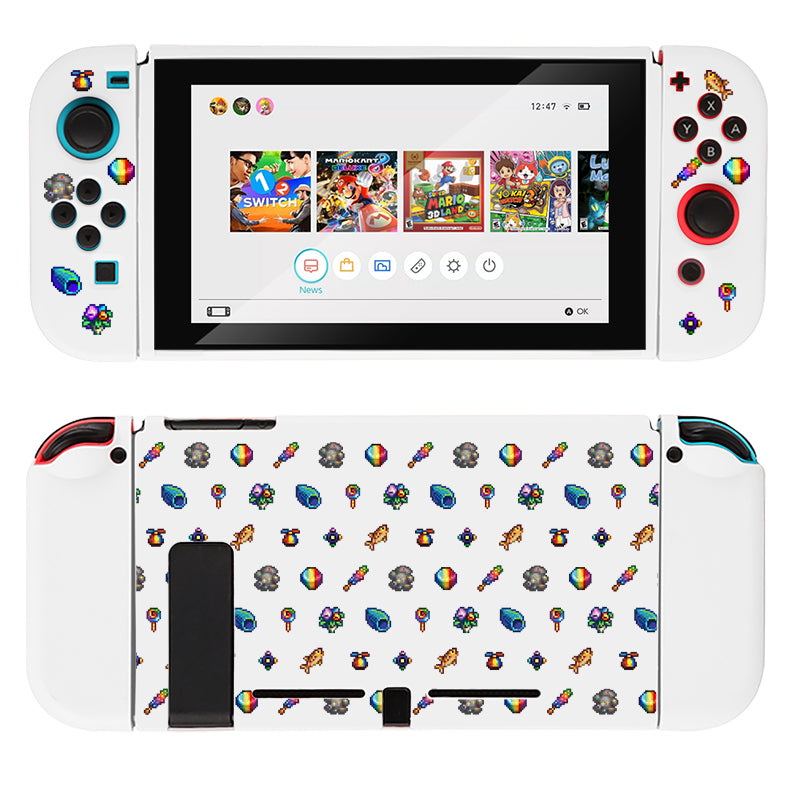 A Rainbow Stardew Items Case for Nintendo Switch from petimint, beloved by any gamer, is decorated with colorful stickers featuring rainbows, animals, and various shapes. The screen shows a game selection menu with several game icons. The buttons and controls are highlighted in bright colors.
