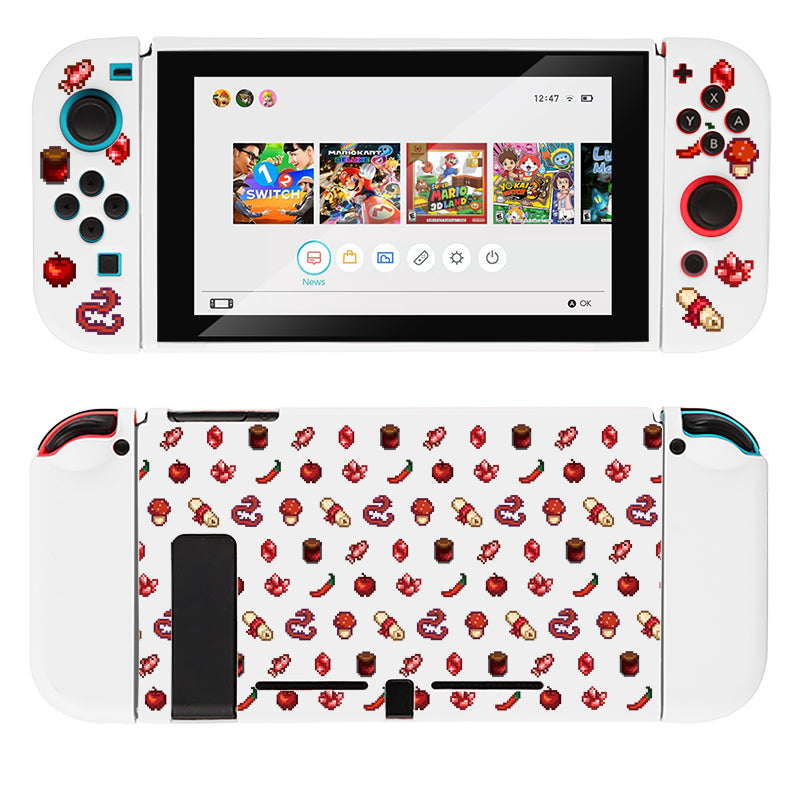 A petimint Red Stardew Items Case for Nintendo Switch features a white background with pixelated images of colorful fruits like apples and strawberries, along with game icons. The screen displays a selection of games while the Joy-Con controllers showcase matching pixel art, making it perfect for any cozygamer.