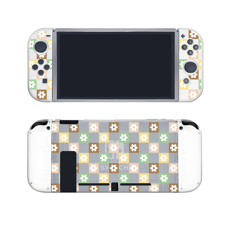 Introducing the Checkered Seasonal Flowers Case for Nintendo Switch by petimint. This semi-clear case features a charming checkered pattern of white, green, grey, and yellow squares, each adorned with a delicate flower. Designed for the cozygamer, it offers effortless access to all buttons and keeps your console's screen protected while adding a touch of floral elegance to both the front and back.