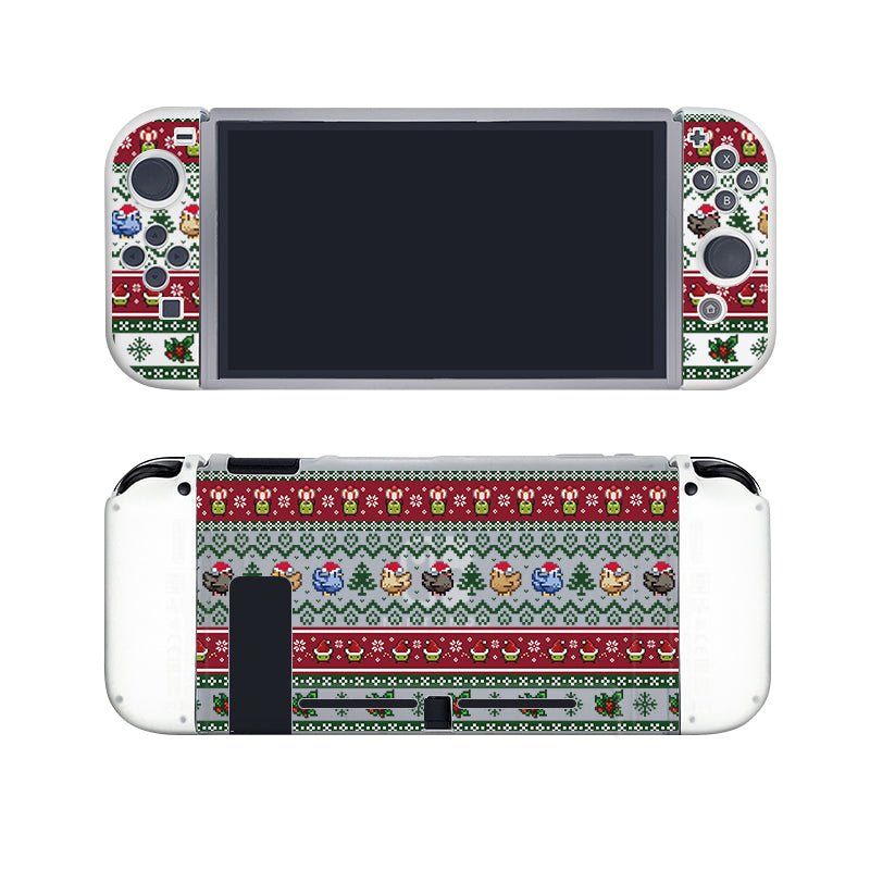 Front and back view of the petimint Stardew Christmas Case for Nintendo Switch, decorated with a holiday-themed pattern. The semi-clear design, perfect for any cozy gamer, features Christmas colors and pixel art icons such as snowflakes, reindeer, and festive characters. The screen is black and turned off.