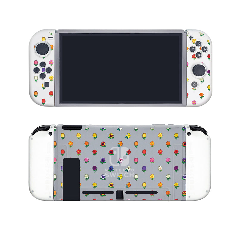 The Flower Crossing Case for Nintendo Switch by petimint showcases a semi-clear design adorned with colorful flower patterns on the front and back. The gaming console is safeguarded by this Soft TPU switch grip case, featuring a large central screen, flanked by various buttons and joysticks.