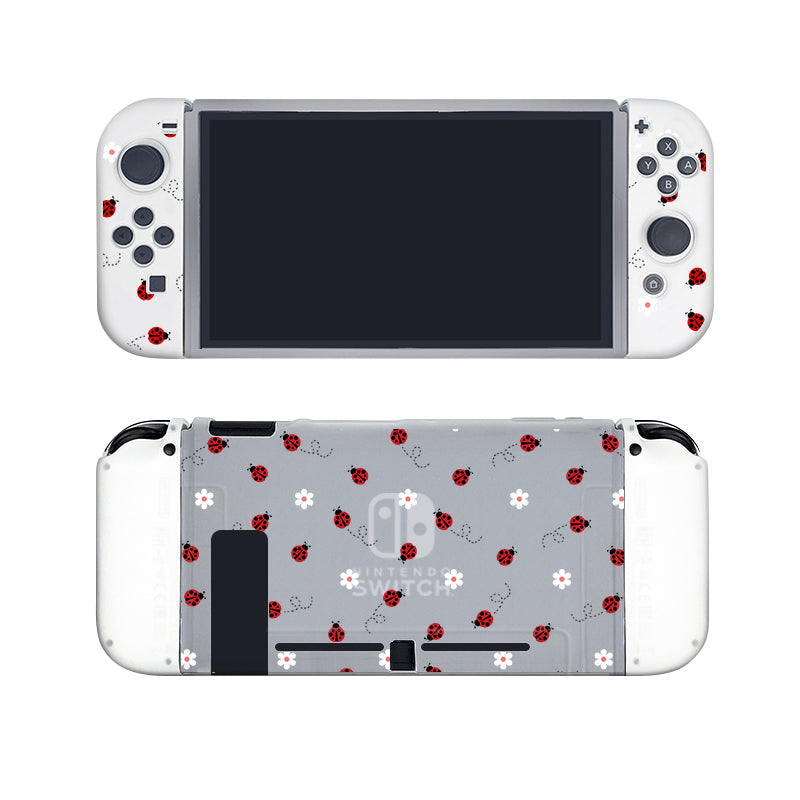 The Little Ladybug Case for Nintendo Switch by petimint features a playful and charming design with red ladybugs and white flowers on a semi-clear surface. This delightful case covers both the front and back of your Nintendo Switch, complete with matching Joy-Con controllers, giving it an adorable appearance that’s sure to stand out.