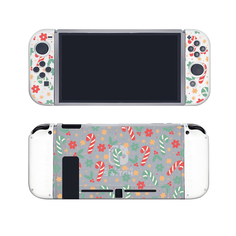 An image of a Nintendo Switch featuring the semi-clear Candy Cane Case by petimint. The case showcases a playful design with colorful floral patterns and whimsical candy illustrations on both sides. Perfect for any cozy gamer, the screen is turned off, reflecting black.