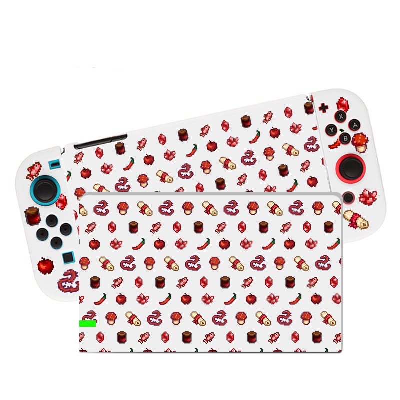 Image of the Red Stardew Items Case for Nintendo Switch by petimint. Covered in a playful pattern featuring various food items like popcorn, hot dogs, chocolate bars, and soda, this white case looks good enough to eat! Resembling a unique piece of gamer apparel, the design adds a fun and vibrant touch to your handheld console.