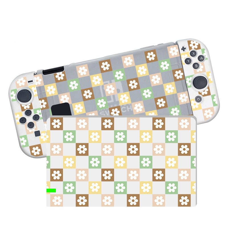 Introducing the Checkered Seasonal Flowers Case for Nintendo Switch by petimint, a semi-clear handheld gaming console accessory perfect for the cozygamer. The design features a delightful mix of white, brown, yellow, and green flowers on checkered squares. It enhances your gaming experience with its snug fit around the console’s buttons and joysticks on either side of the screen.
