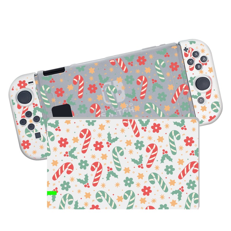 A Candy Cane Case for the Nintendo Switch by petimint, featuring a semi-clear design adorned with festive patterns of candy canes and flowers in red, green, yellow, and white. The console is partially folded open, showcasing the unique decoration on both sides—ideal for any gamer who appreciates stylish accessories.