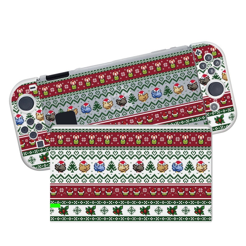 Introducing the Stardew Christmas Case for Nintendo Switch by petimint—this semi-clear handheld gaming console cover is perfect for the holiday season. Featuring a festive pattern of red, green, and white stripes adorned with pixel art of various animals, trees, and snowflakes, it resembles traditional knitted sweater apparel.