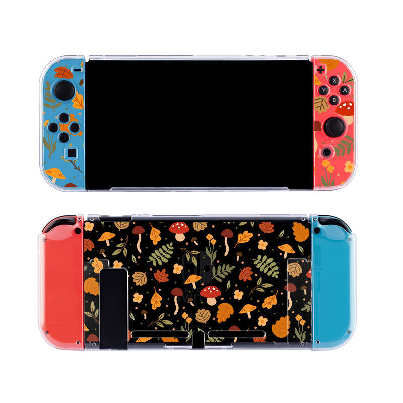 The Cozy Autumn Case for Nintendo Switch by petimint includes custom front and back covers. The soft TPU front grips are blue on the left and red on the right with a floral pattern, while the clear, dockable back cover showcases a colorful mushroom and leaf design.