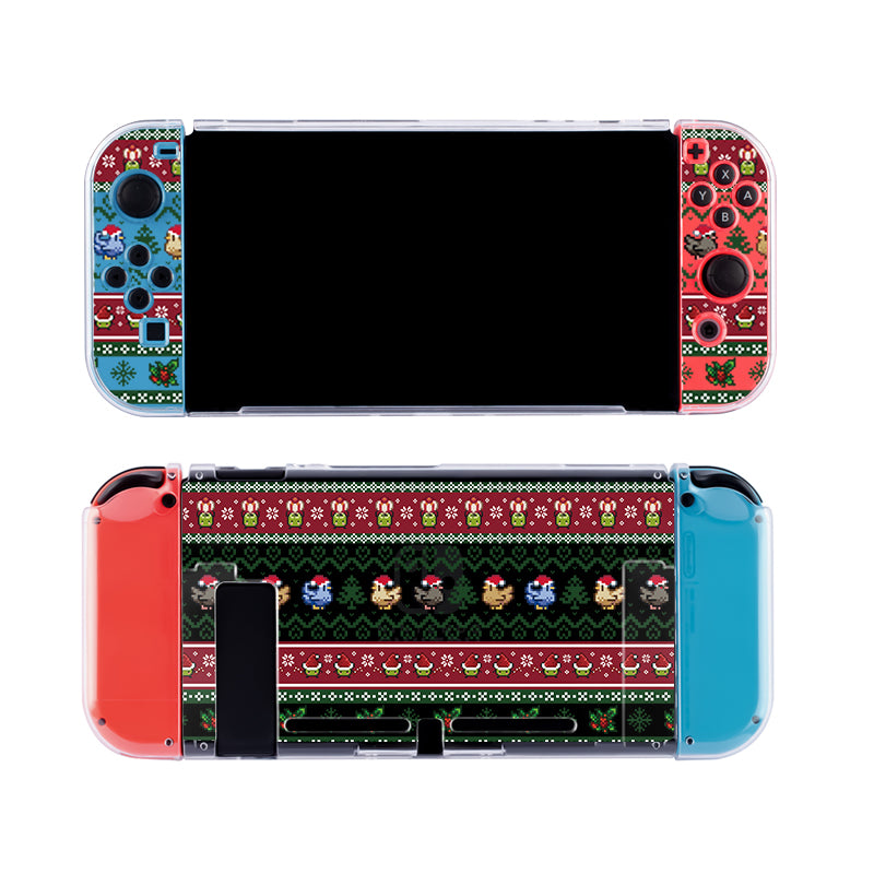 A Stardew Christmas Case for Nintendo Switch by petimint featuring festive holiday-themed decorations on the controllers and back panel. The design showcases red, green, and blue colors with pixelated characters, Christmas trees, and snowflakes arranged in a pattern. Perfect for any gamer during the holiday season. The case is clear, allowing the black screen to show through.