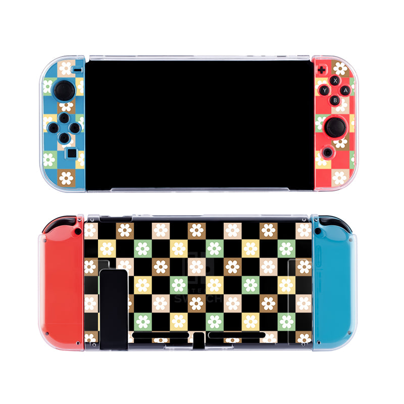 A Checkered Seasonal Flowers Case for Nintendo Switch by petimint, featuring a clear design with red and blue color accents, adorned with small floral patterns in white, yellow, and brown on both the front and back. Perfect for any gamer, this case fits perfectly on your Nintendo Switch when the screen is off.