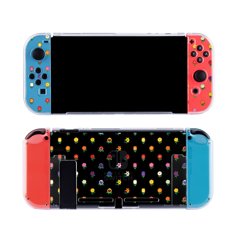 Displayed is the Flower Crossing Case for Nintendo Switch by petimint. The left controller showcases a blue design with small colorful flower graphics, while the right controller features similar floral designs in red. The console's back boasts a black background with an array of tiny colorful flowers, all safeguarded by the sleek, clear case.