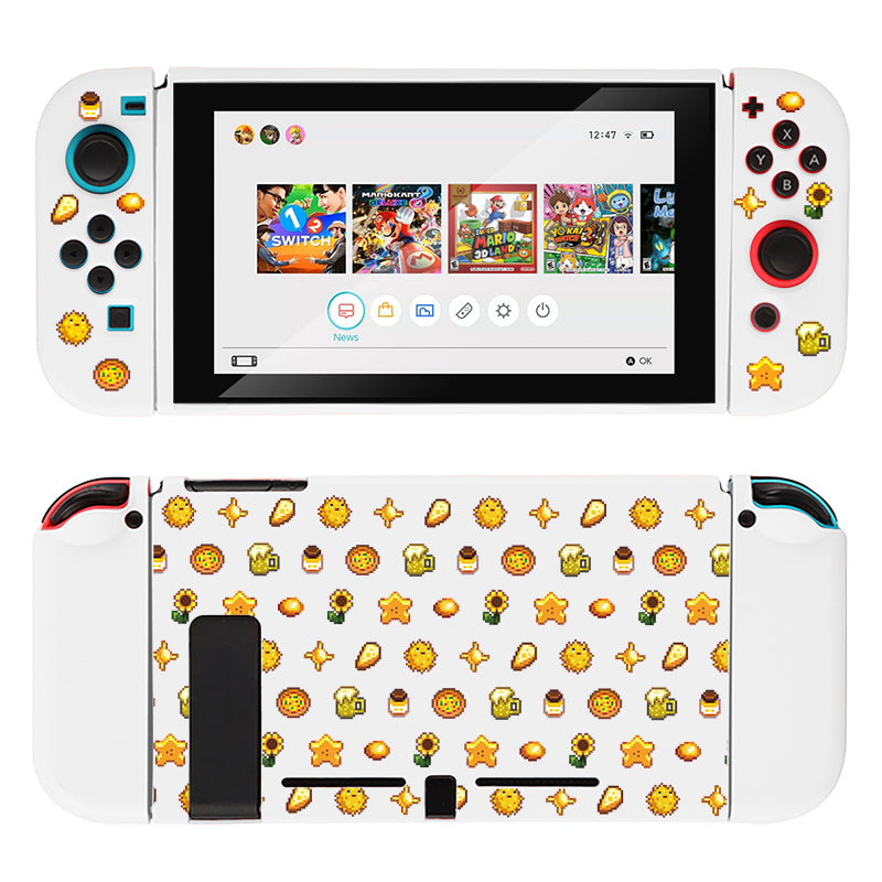 Introducing the Yellow Stardew Items Case for Nintendo Switch by petimint. This charming white console protector features a delightful pattern of sunshine and mushroom icons, perfect for any cozygamer. The screen displays a game selection menu with titles like "Mario Kart" alongside other beloved Nintendo games, while the Joy-Con grips are detailed with the same endearing pattern.