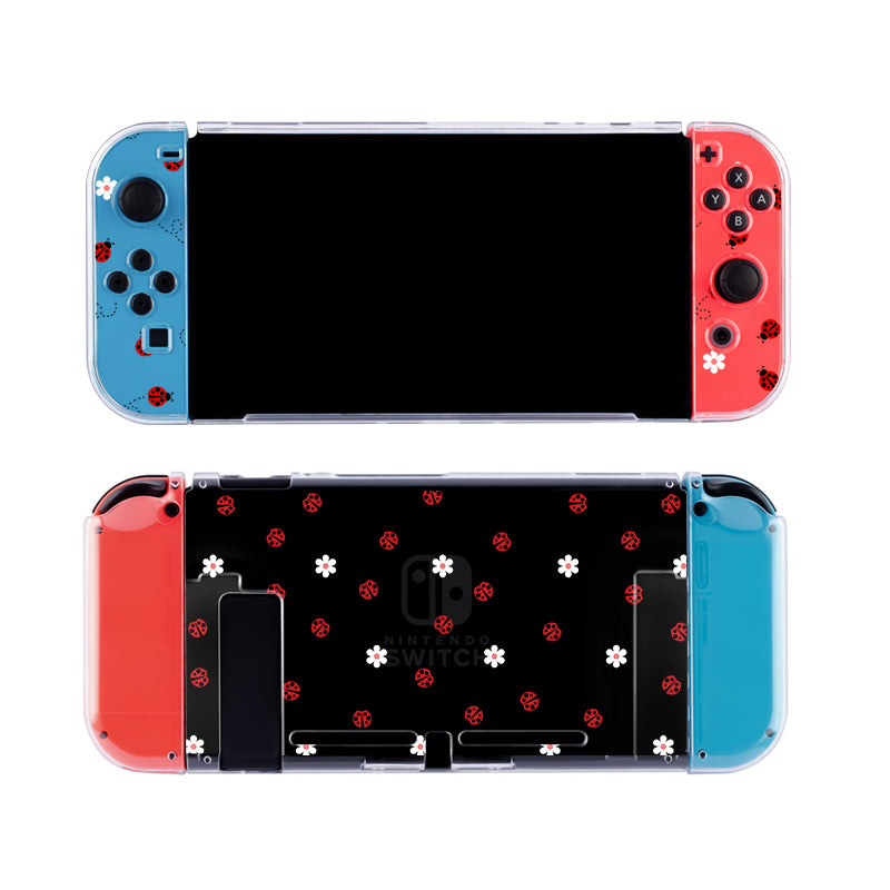Experience both style and functionality with the Little Ladybug Case for Nintendo Switch by petimint. This clear, dockable case features a charming design of small white flowers and red ladybugs on a black background. The custom red and blue Joy-Cons also boast matching themed patterns, making your gaming console uniquely stunning.