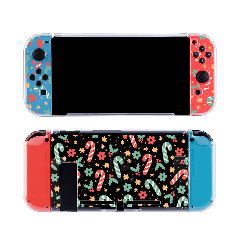 Introducing the petimint Candy Cane Case for Nintendo Switch, a clear decorative cover perfect for any cozy gamer. The top section features festive floral and snowflake patterns in blue and red, while the bottom section showcases candy canes, holly leaves, and more flowers against a black background.